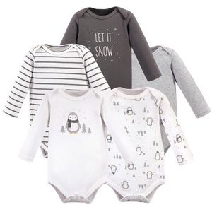 NWT Hudson Baby Cotton Long-sleeve Bodysuits 5pk, Gray Penguin 0-3mo